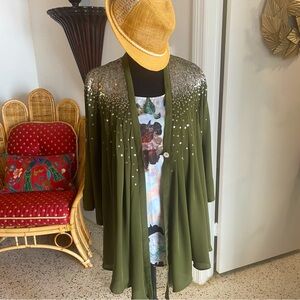 ELISABETH & JAMES Anthropologie Green Silk Jacket Wrap! Sequins! Topper! Boho. M